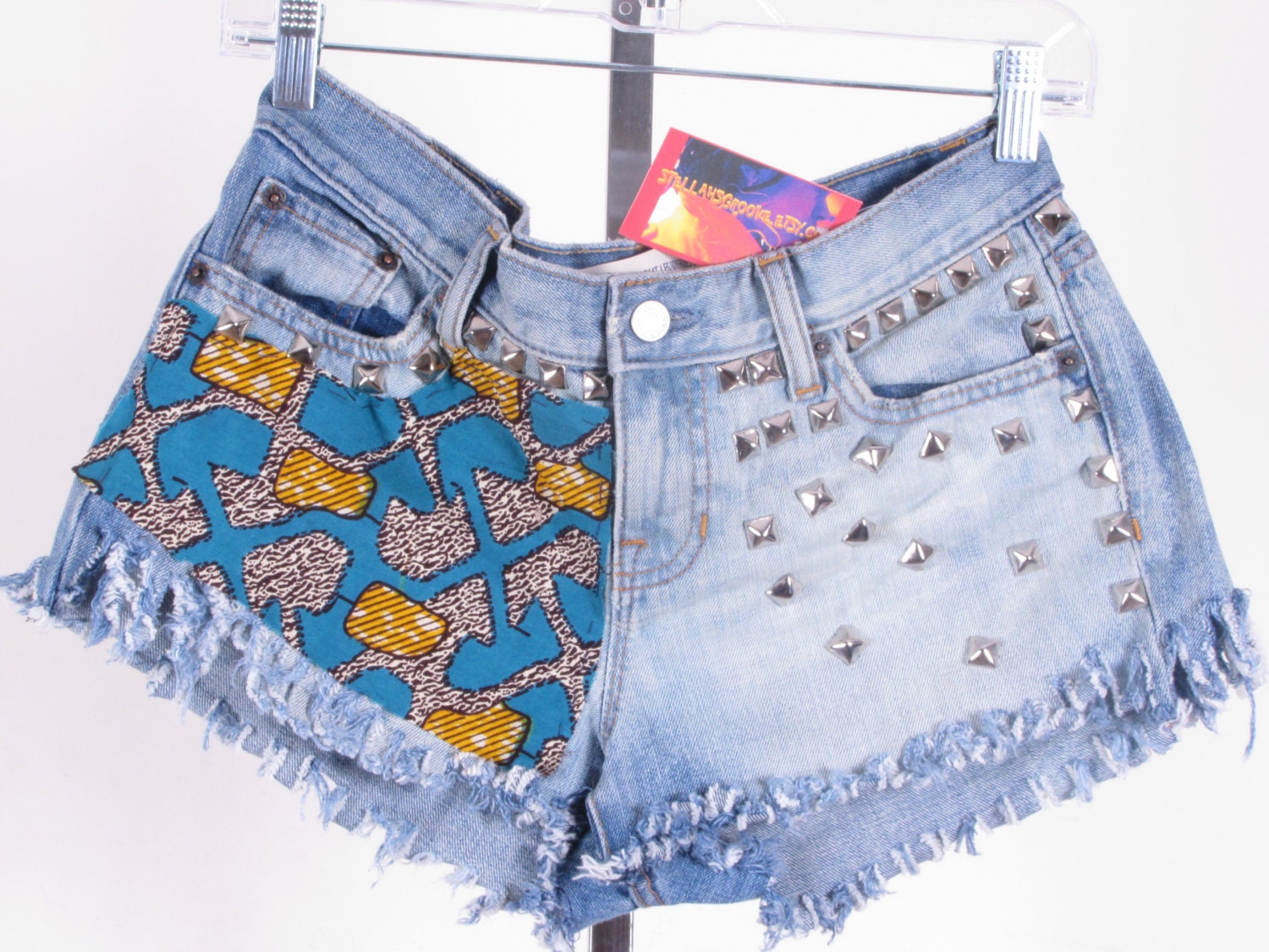 vintage reconstructed jeans studded fringe distressed denim lace ankara print ethnic hippy vintage high waist jean micro shorts