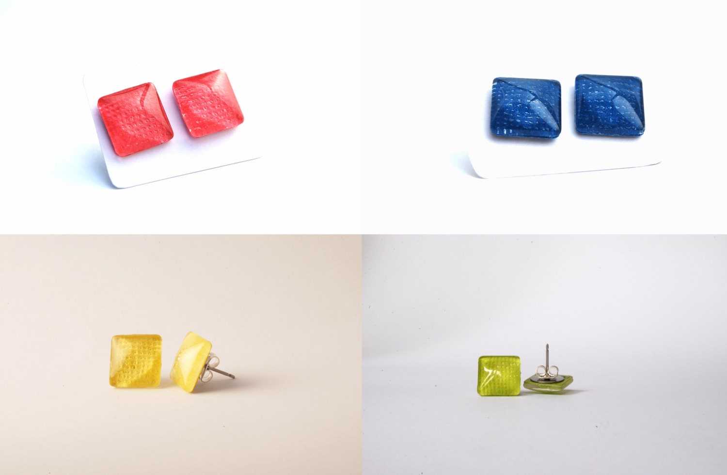 Spring color square glass stud post earrings, mothers Day, bridesmaid jewelry. yellow, lime, navy blue, aqua, red, pink, orange.