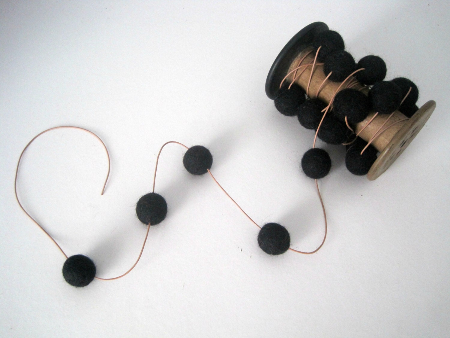 Leather & Wool Black Felt Ball Garland - 25 felt balls, 2 metres