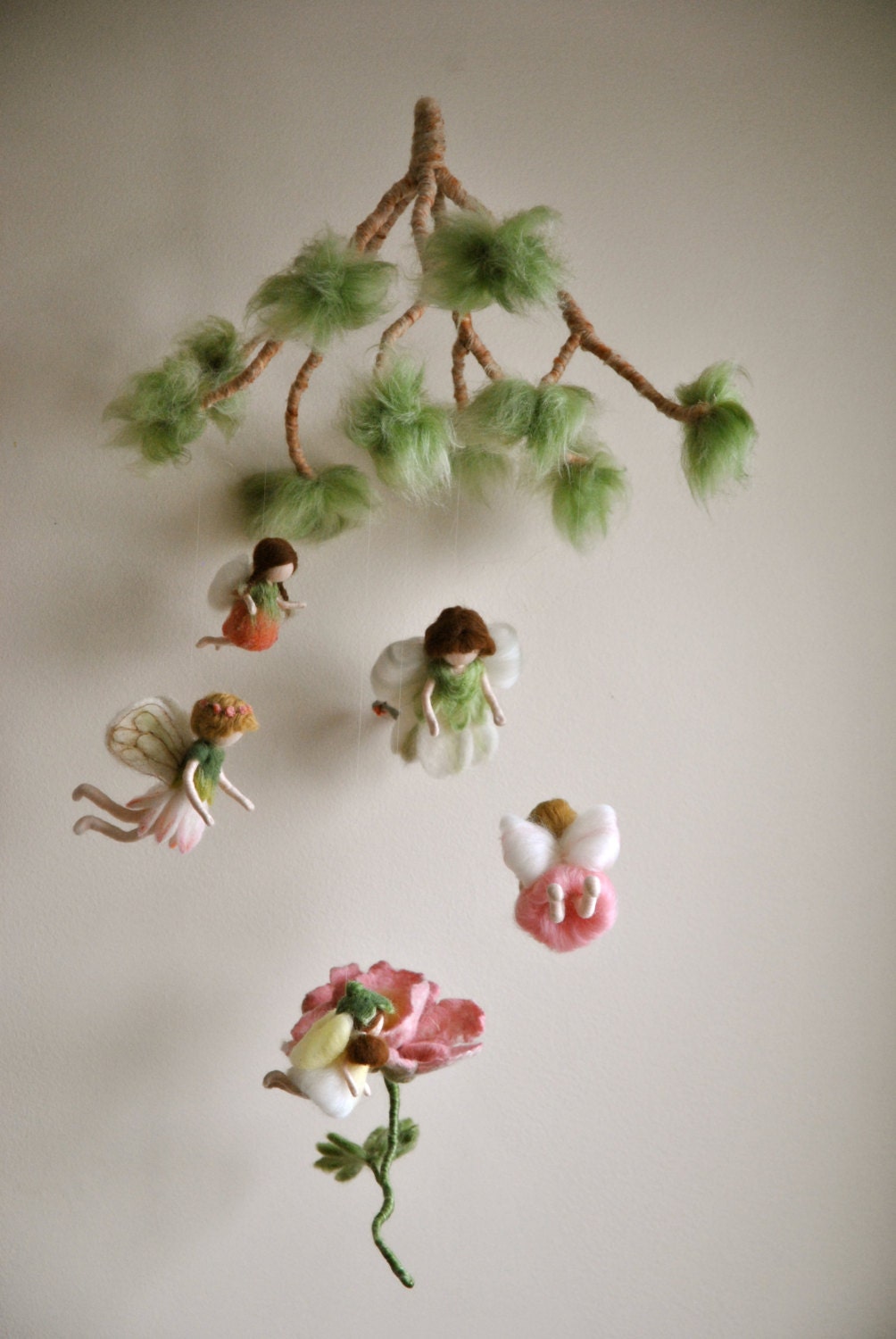 Spring mobile  Waldorf inspired needle felted dolls: Flowers  fairies