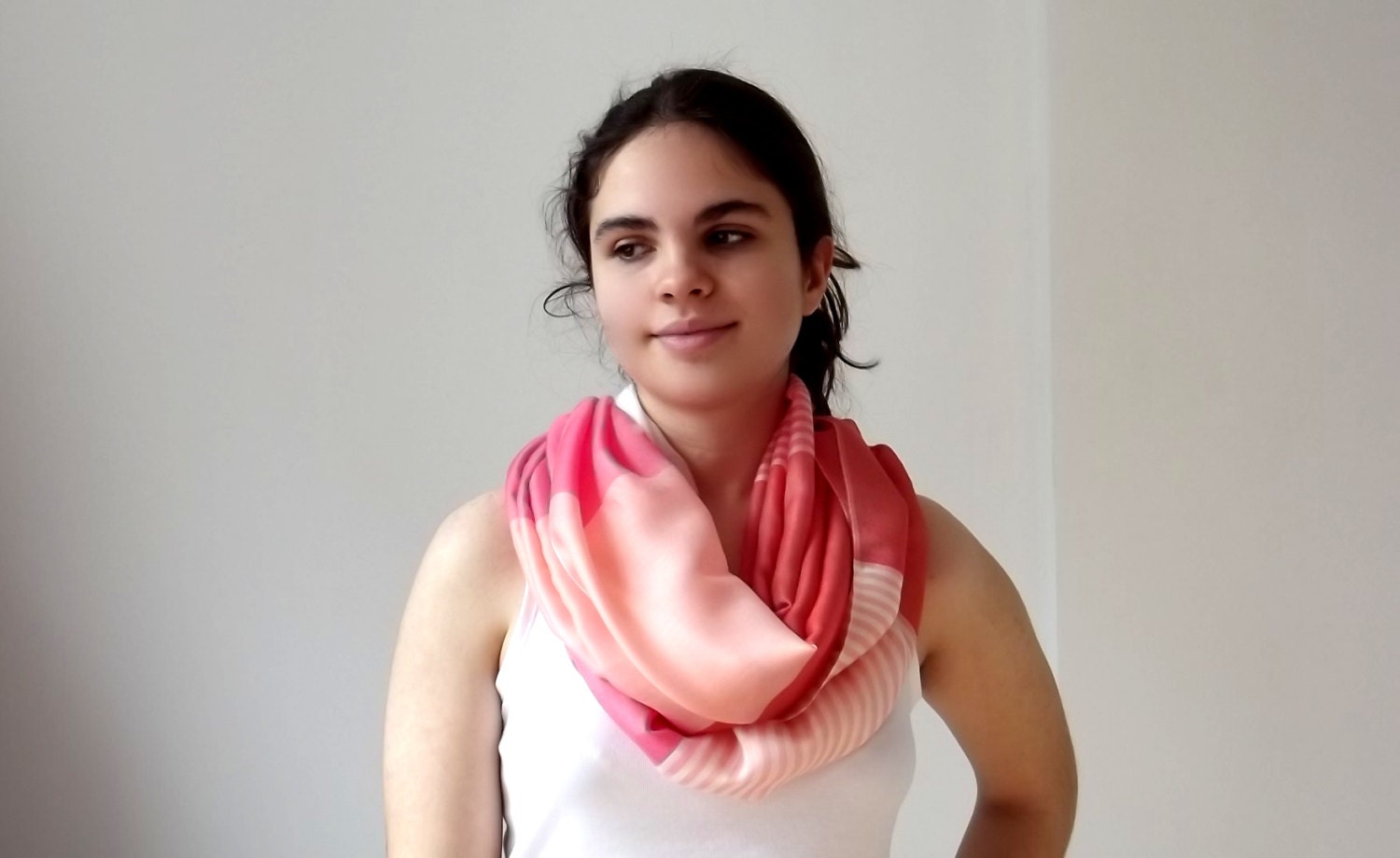 Color-Blocked Striped Infinity Scarf Peach Pink and Ivory Spring Fashion
