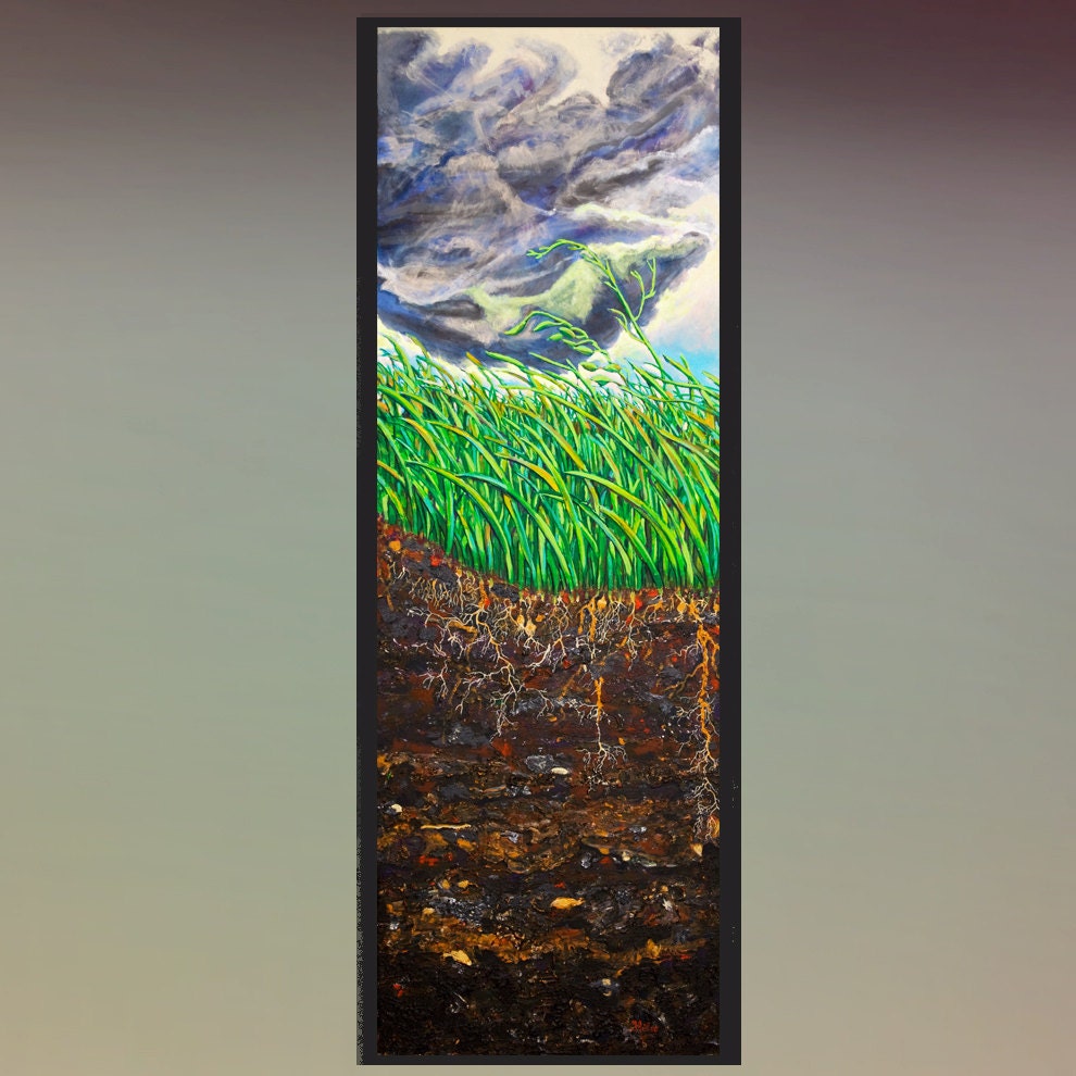 Modern Giclee Print of Original Acrylic Painting After The Rain storm clouds vertical slender canvas Landscape in green brown by KissEve Art
