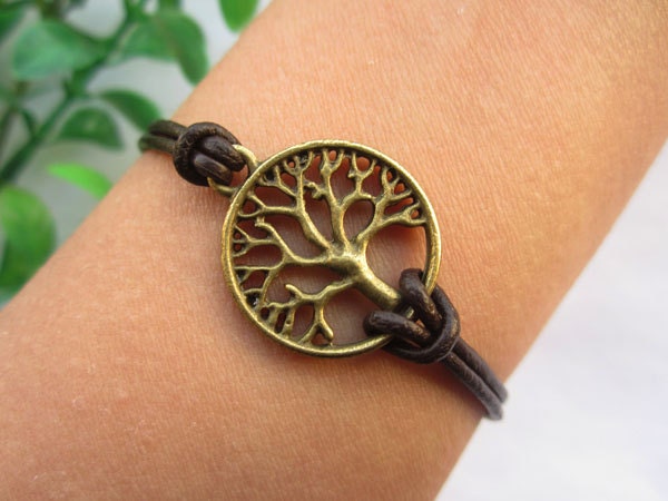 Tree of life bracelet--antique bronze charm bracelet,Hallow out trees pendant ,leather bracelet,friendship gift