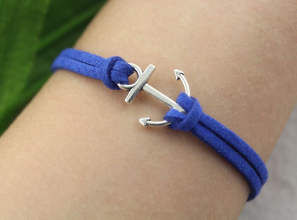 bracelet--anchor bracelet,antique silver charm bracelet,anchor pendant,Sapphire blue leather bracelet,MORE COLORS