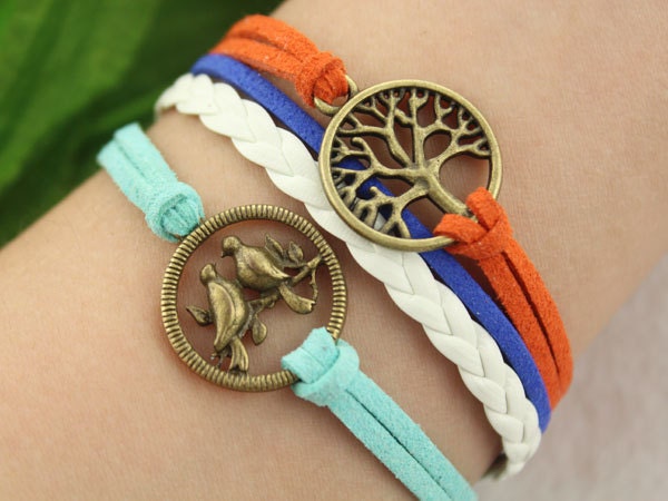 tree of life bracelet--love bird bracelet,our love endless charm,antique bronze pendant,white braid leather bracelet MORE COLORS