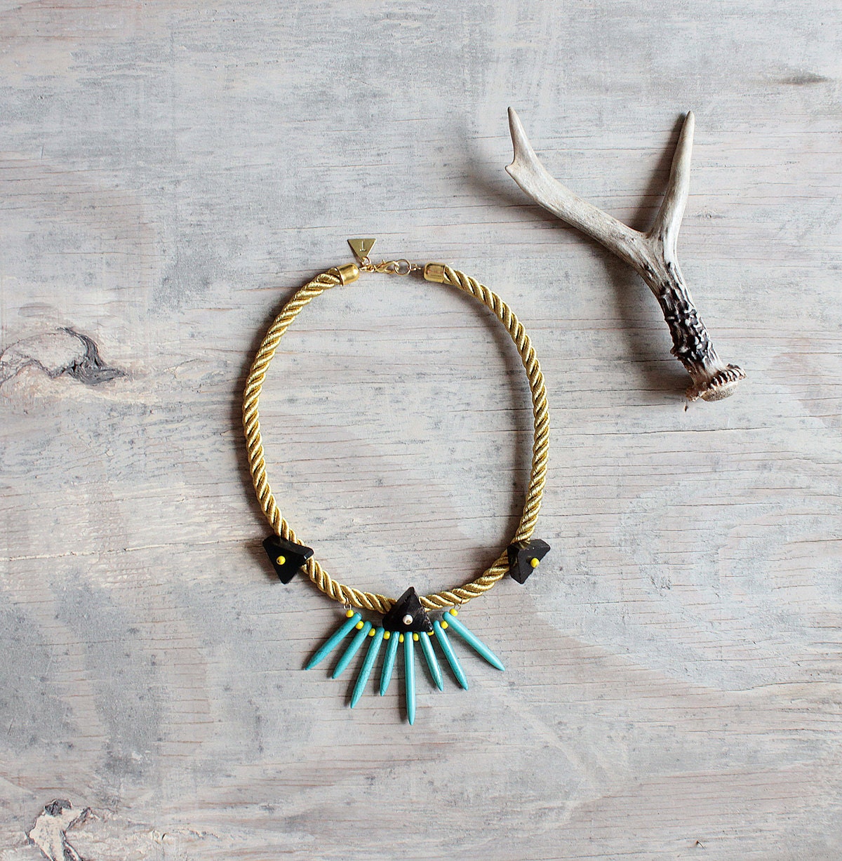 Odessa - Rope necklace - Turquoise spikes and vintage exotic wood triangle beads