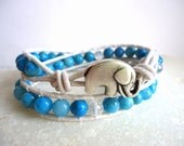 Bright Blue Agate Leather Double Wrap Bracelet/Chan Luu/stack bracelet/lucky elephant button/boho/beach/turquoise/sky blue/summer 2013