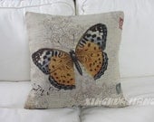 Retro words / Vintage flower / postal mark and colorful butterfly printed handmade throw pillow cover / cushion case18 x 18