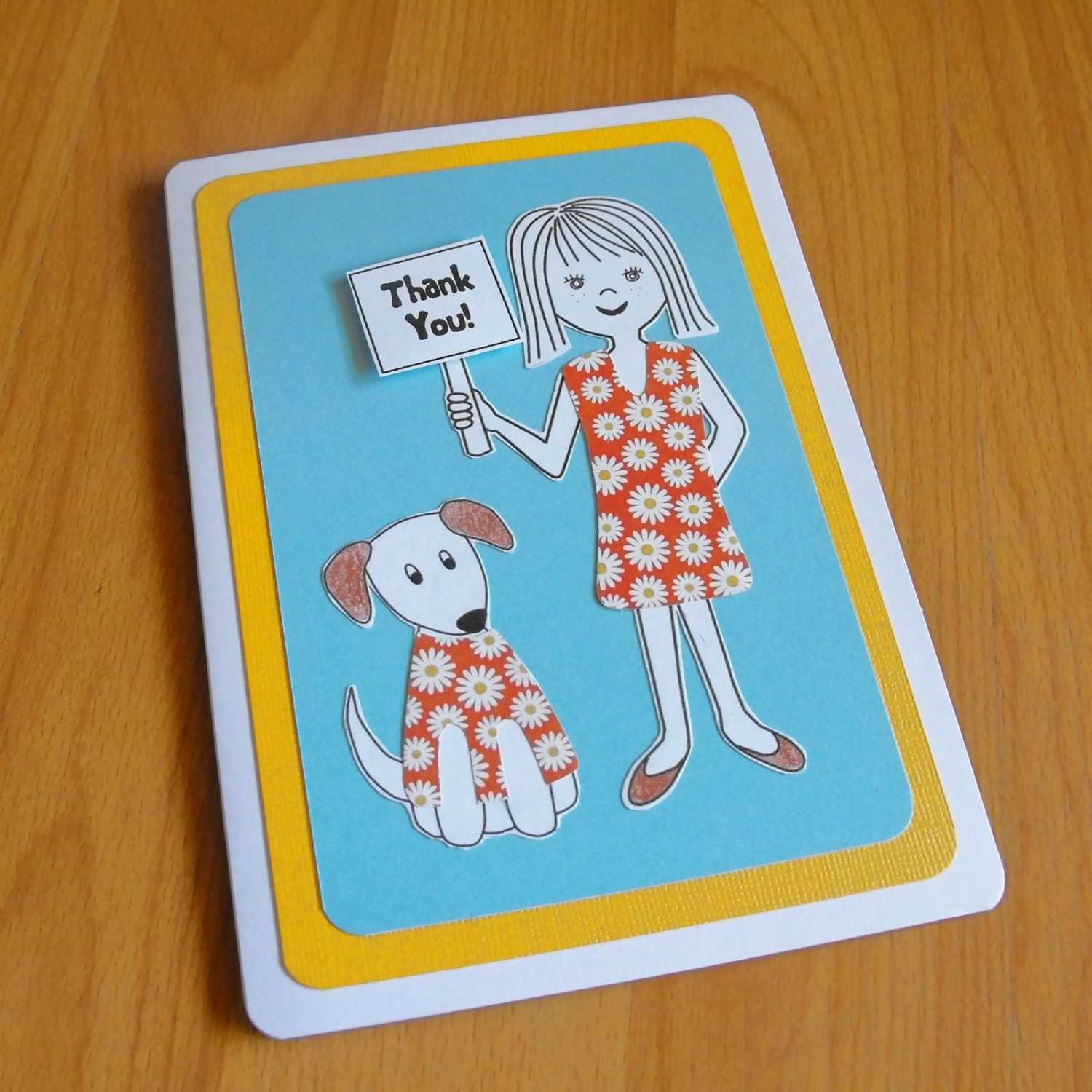 Thank You Card - Paper Doll & Dog Handmade Mixed Media Note Card