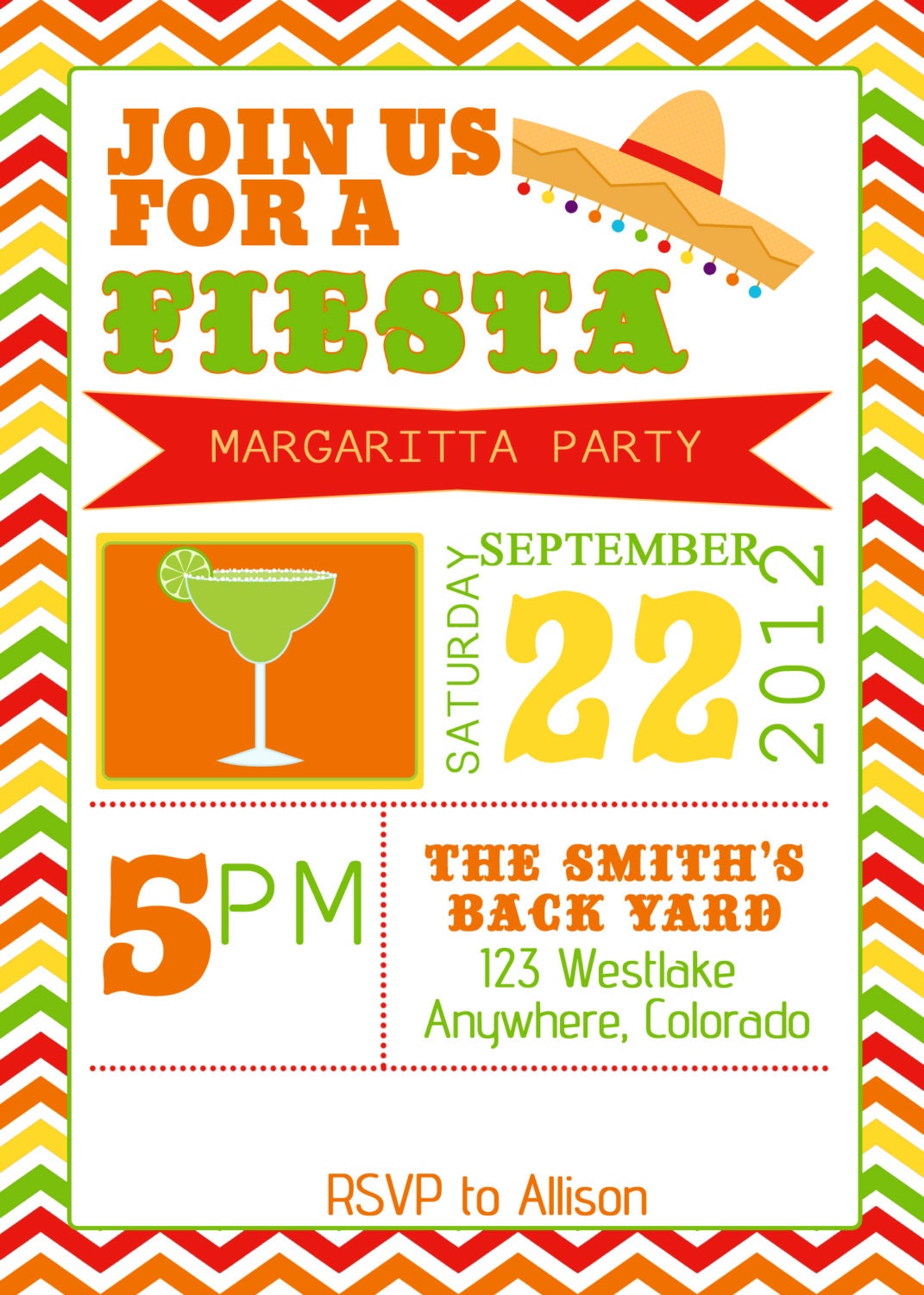 Fiesta Party Invitation/Invite.  Birthday, Baby Shower, Summer Party  Picnic, Housewarming, Good Bye Party, Family Reunion