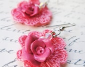 Coral Pink - Mini Doilies Lace and Handcrafted Polymer Clay Rose Earrings with crystals - Beautifully Packaged