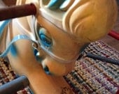 Large Functional Vintage Toy Rocking Bouncing Horse 1940s or 1950s Plasitic with Metal Frame and Springs yellow with blue spots