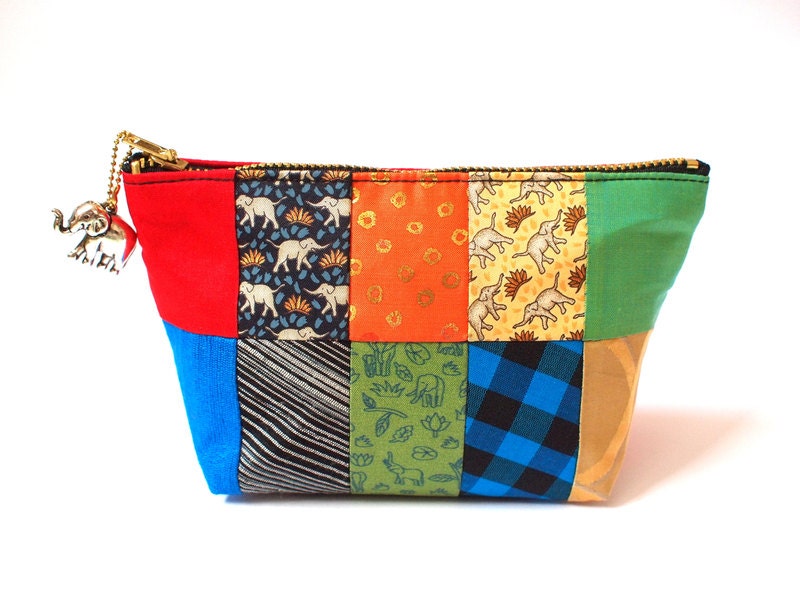 Elephant and Multi-Pattern Patchwork Thai Silk Cosmetic Purse with Zipper and Elephant Charm