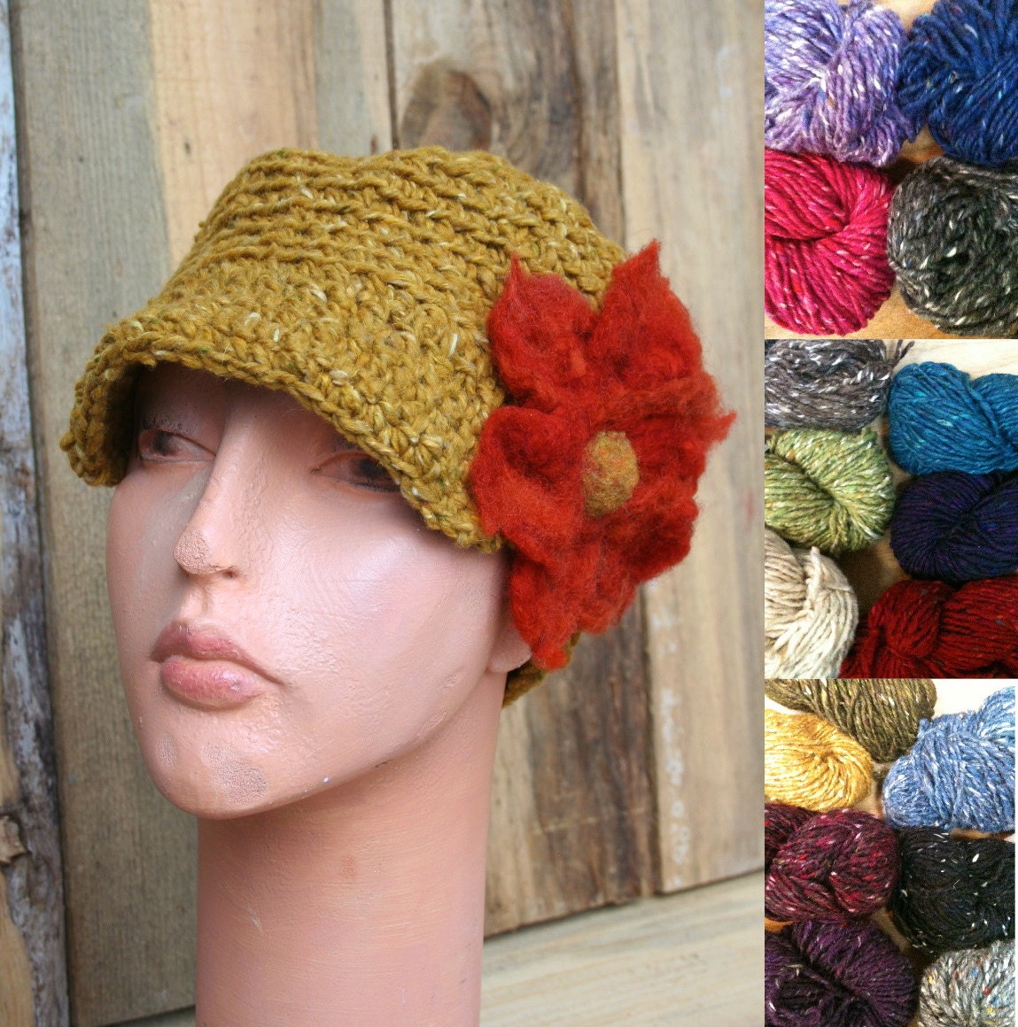 Hand Made Hat, Women's Hat,  Wool Angora Slouchy Newsboy Hat - Felted Flower- Mustard, Yellow, Turmeric, Rust