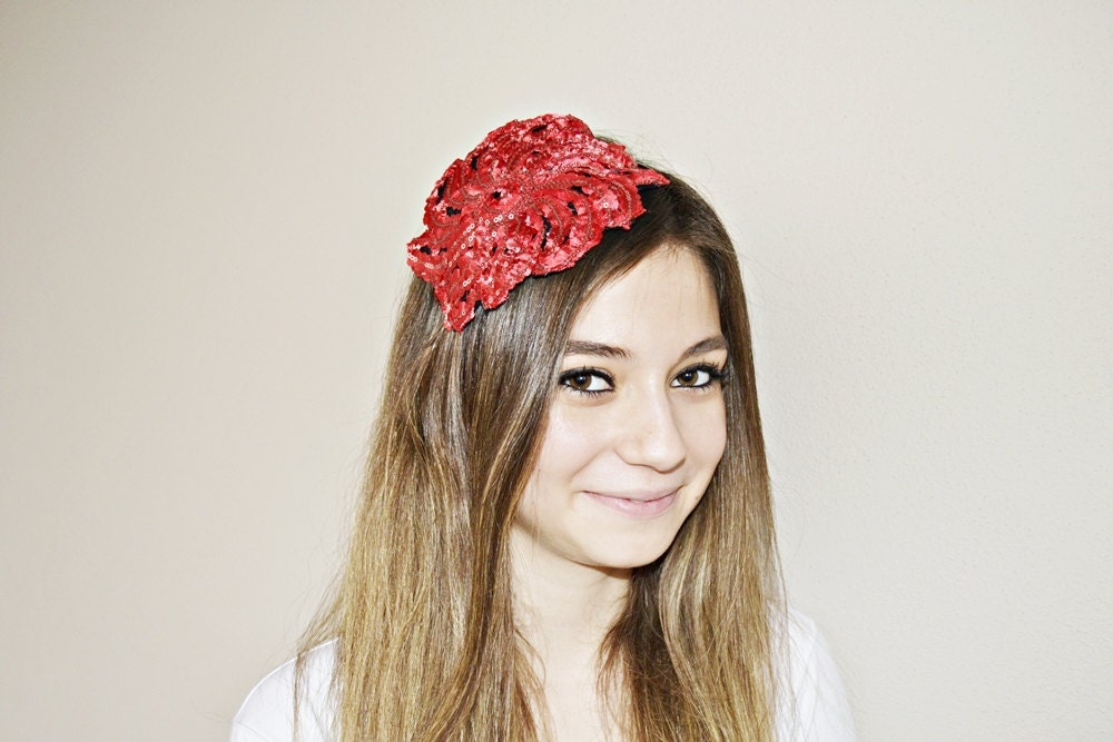 Red with Sequin Big Flower Bridal Hair Band