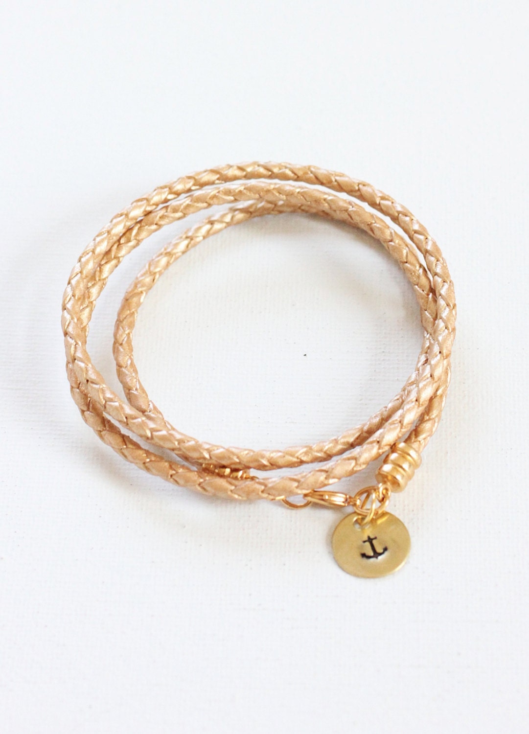 Hand Stamped Brass Anchor Bracelet, Nautical Leather Wrap, Summer Jewelry, Beach Bracelet
