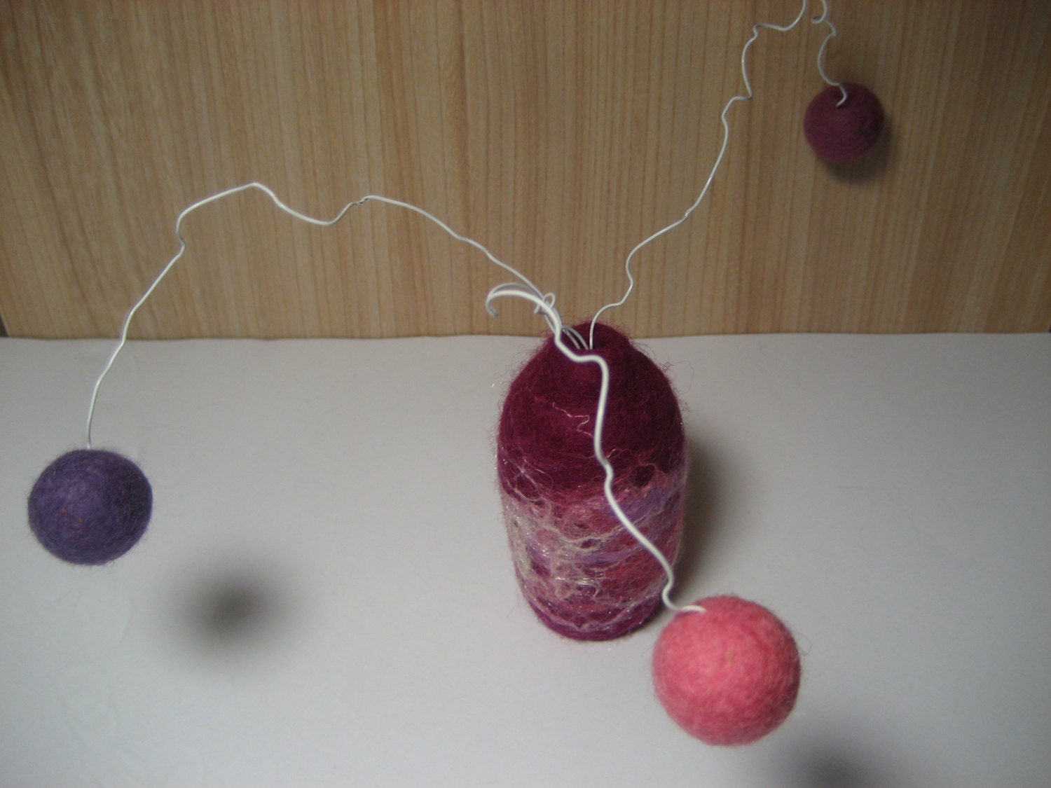 Felted tiny  vase with 3 craspedia pom pom flowers minimalist. Purple pink. Felt wool balls, glass. Easter, Mothers day Gift under 20