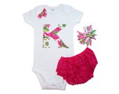 Baby Girl Clothes Personalized Onesie and Pink Lace Diaper Cover Outfit with Korker Hair Clip Baby Gift Set Pink and Green Colors