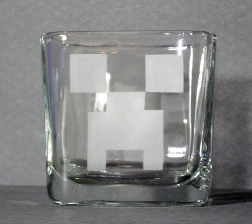 Set of 4 Creeper Inspired Square Glass Votives, Square Glasses, Square Mugs, Square Creeper Jars