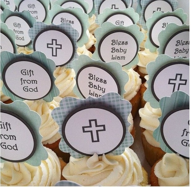 Green, White and Gray Flourish Cupcake Toppers for Christening or Baptism