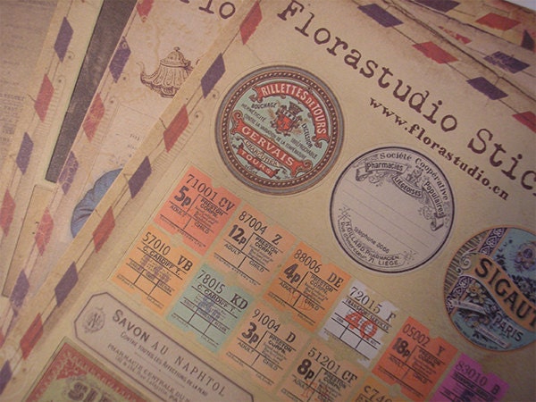 VINTAGE Ads, Tickets, Labels, etc.  European Images Sticker Set -  10 Sheets of Stickers