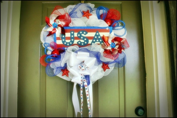 Patriotic "USA" Red, White and Blue Deco Mesh Wreath
