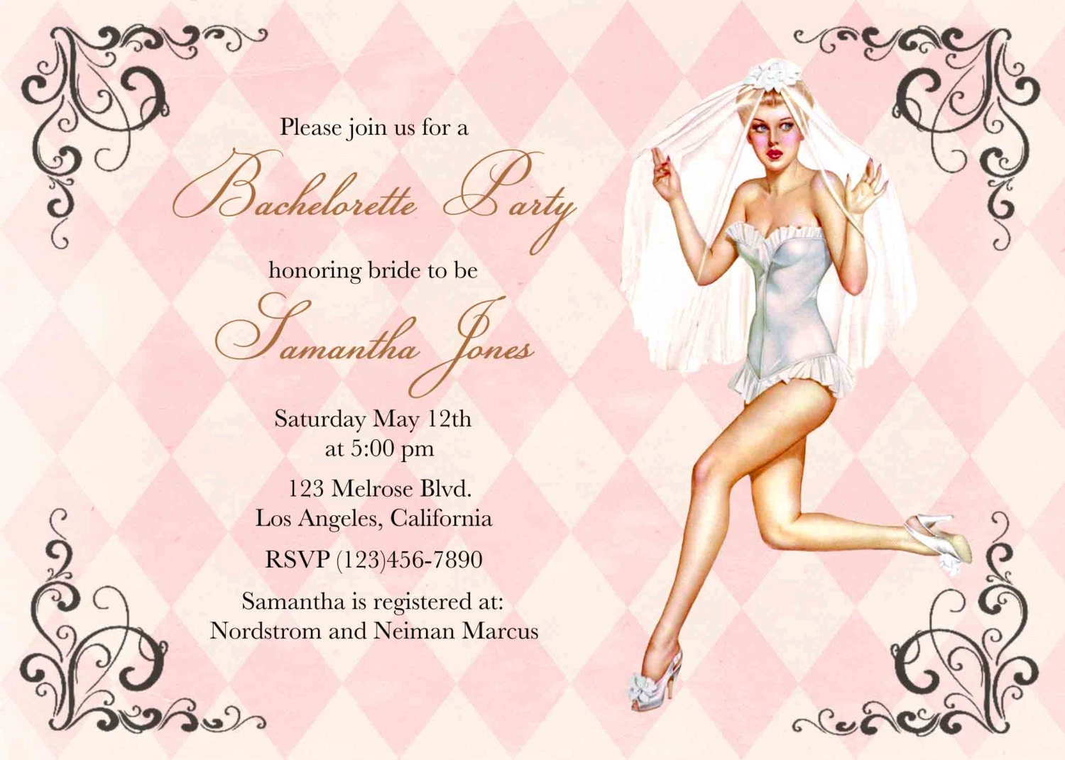 Bachelorette party, bridal shower, hens night, lingerie shower invitation, custom, printable or printed.