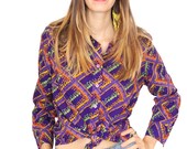 Purple Disco Shirt, Vintage 1970s 70s, Orange Green, Womens Hippie Blouse, Ladies Oxford Button Down, Medium