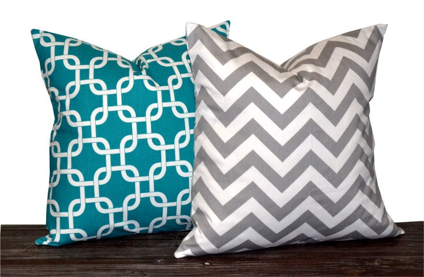 18" Pillow Covers - Turquoise and White Gotcha and Grey Chevron -Accent Pillows - 18 x 18 inch - TWO PILLOW COVERS