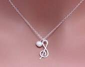 Silver Music Note Necklace. Sterling Silver Music lover Necklace with Freshwater Pearl.Handmade Sterling Silver Music Charm Necklace.