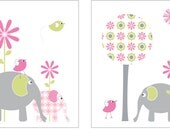 Elephant nursery art, 8x10 pink and gray, green, kids wall art, bird childrens art, flower  prints for girls, elephant wall decor for baby