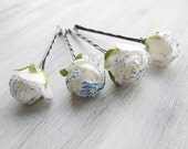 White Blue Glitter Flowers Bobby Pins, Roses Bridal Hair Pins, Woodland, Bridal Hair Clip, Flower Clips, Wedding Hair Accessory, set of 4