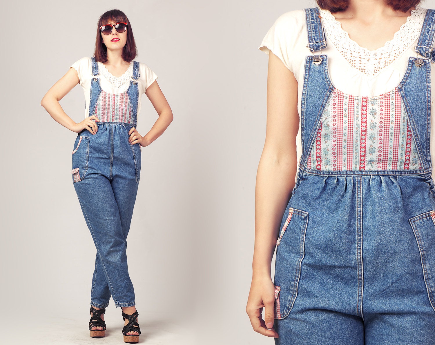 90s Denim Dungarees / Gingham and Denim Overall / High Waisted Denim Jumpsuit