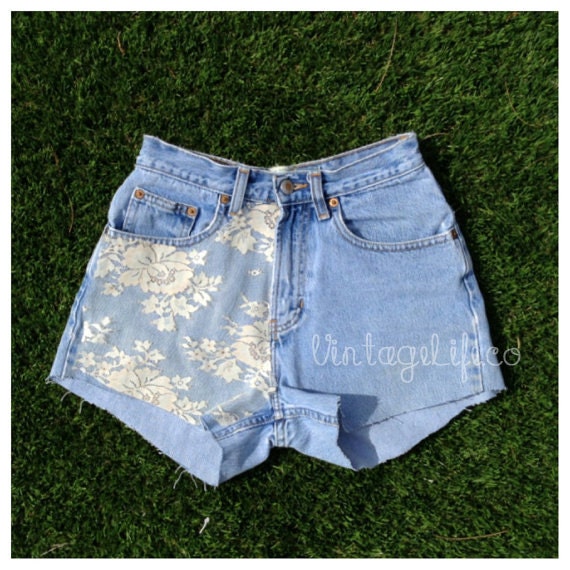 Vintage High Waisted Denim Ivory LACE Panel Jean Shorts