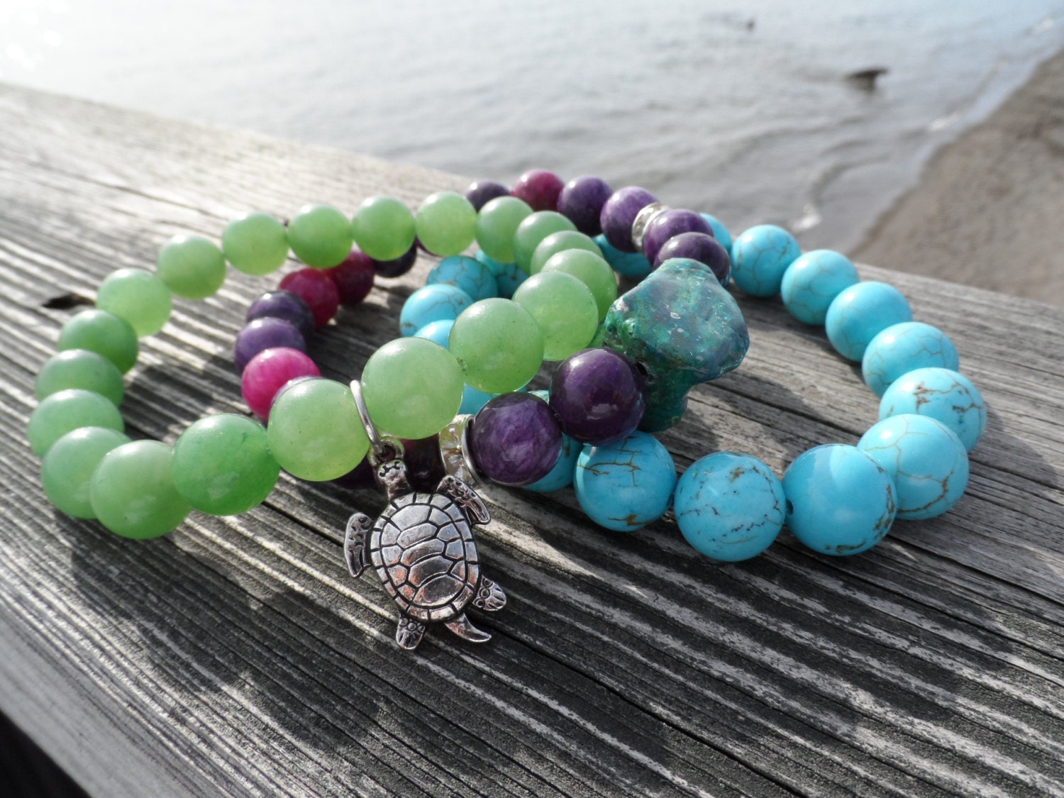 Aventurine, Chrysocolla and Turquoise Turtle Bracelet Stack