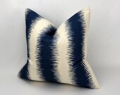 20 Inch Pillow Cover - Navy Blue, Natural Jiri Birch Stripe Ikat
