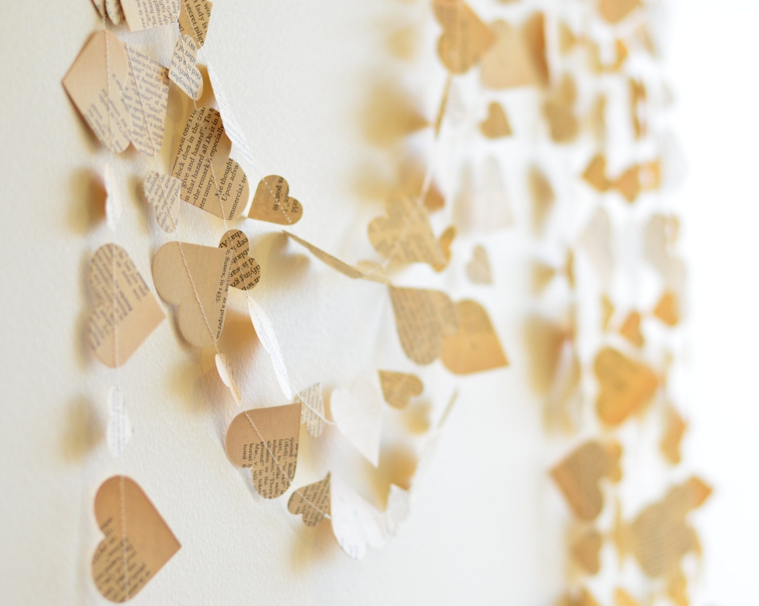 Paper Heart Garland from Vintage Book, rehersal dinner, romantic home decor, custom lengths, wedding decoration
