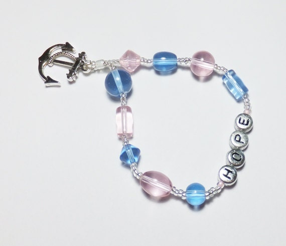 HOPE and Anchor Charm with Pink and Blue Glass Stretch Beadwork Bracelet