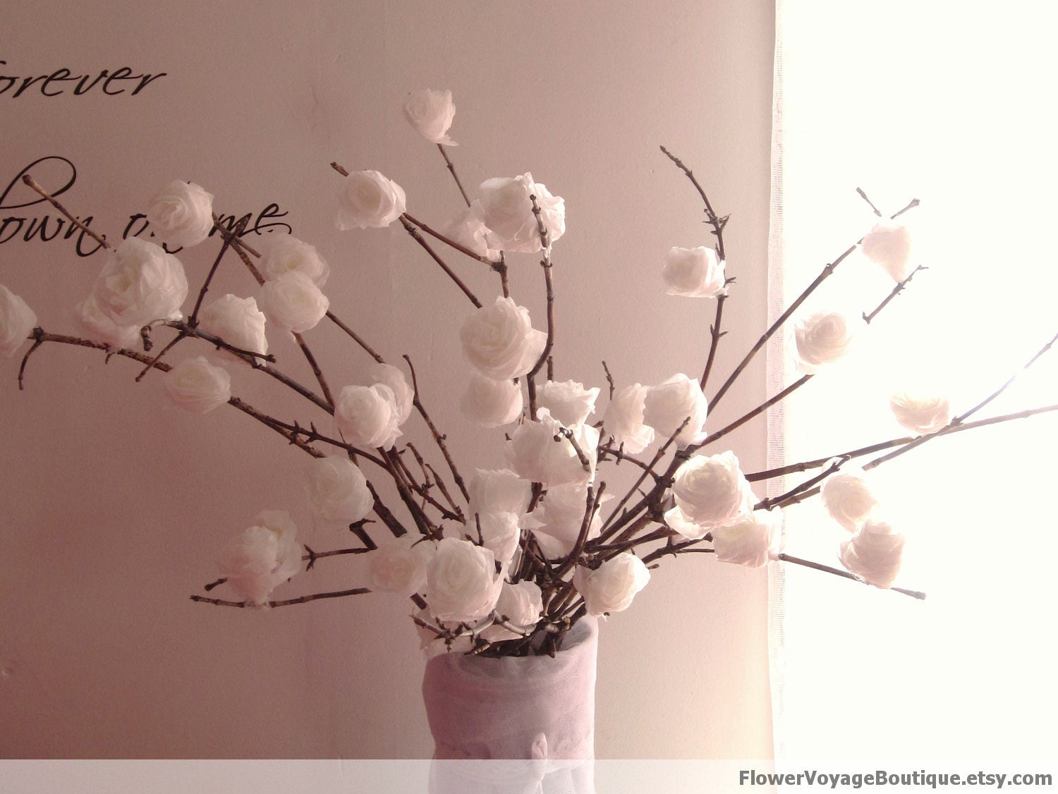 Rustic winter big centerpiece "First snow" with tree branches and white paper flowers. Wedding, house decoration. Handmade. Custom