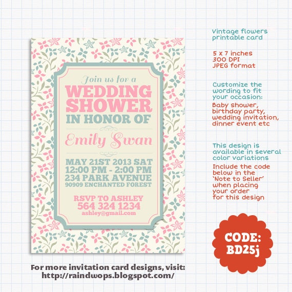 Floral Invitation Card for Wedding, Bridal Shower, Birthday, Baby Shower
