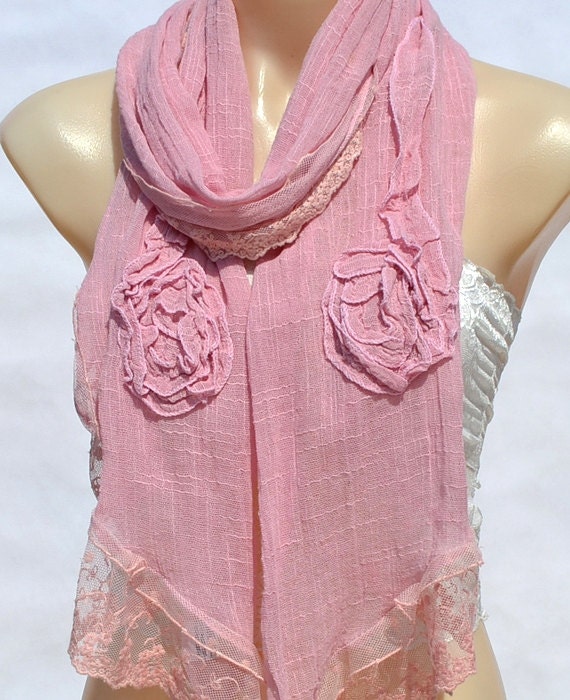 The new fashion of pure bamboo cotton splicing lace scarf, pink flower scarf shawl, delicate, soft comfort women accessories
