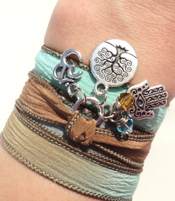 Tree of Life Hamsa Silk Wrap Bracelet Om Yoga Jewelry Blue Brown Namaste Mother Nature Anklet Necklace Earthy Unique Gift Under 50 Item S9