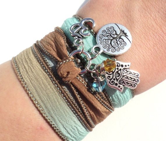 Tree of Life Hamsa Silk Wrap Bracelet Om Yoga Jewelry Blue Brown Namaste Mother Nature Anklet Necklace Earthy Unique Gift Under 50 Item S9
