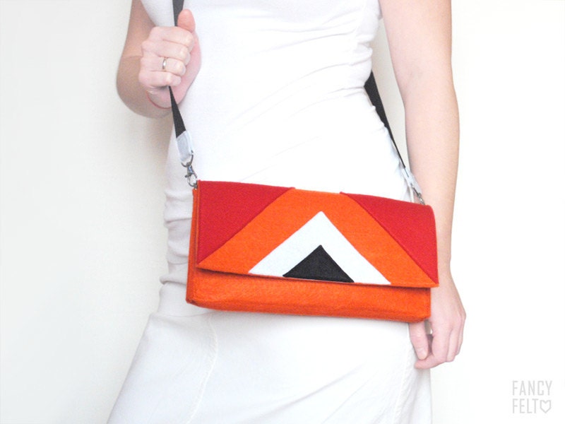 Geometric orange red and black felt crossbody bag
