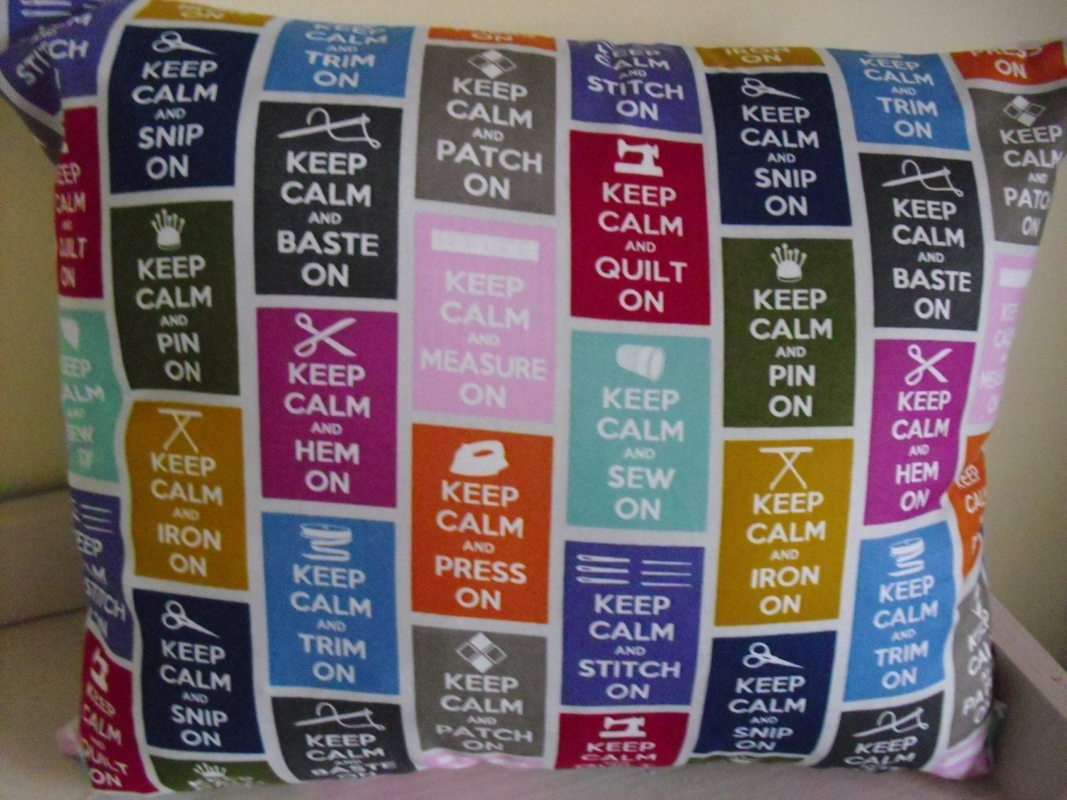 KEEP CALM and ...Sew On, Hem On, Stitch On, Quilt On, Snip On, sewing theme, Fabric Pillow Cushion