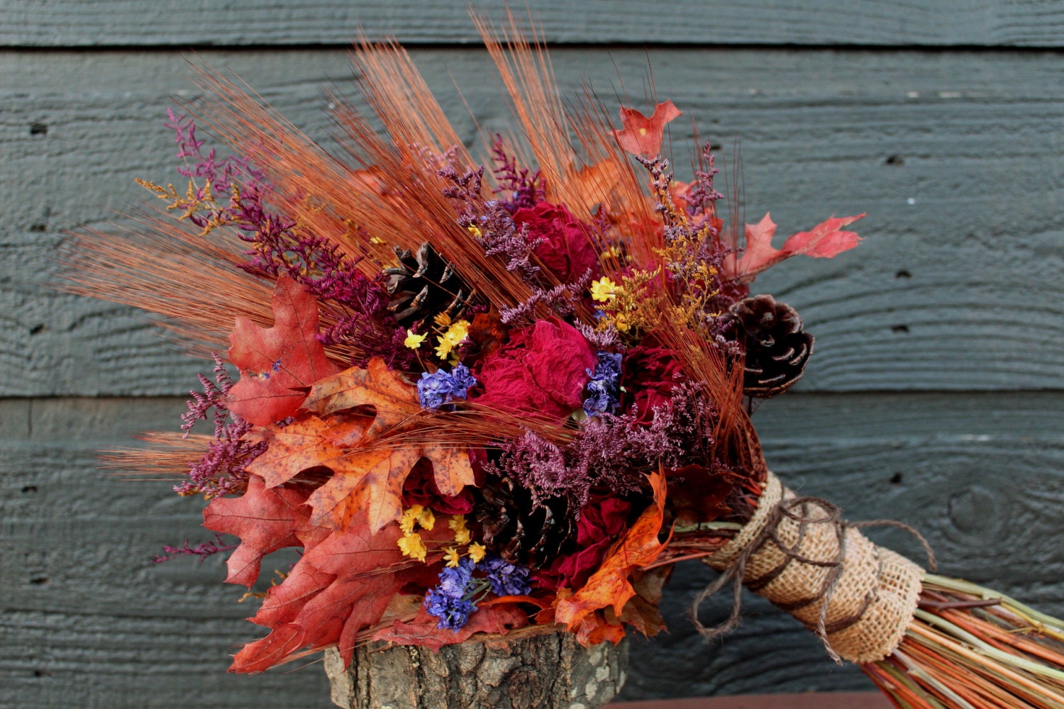 Rustic Farmhouse Fall Wedding Bouquet, Country Chic Bridal Bouquet, Dried Flowers, Burgundy Peony Bouquet with Wheat and Autumn Wild Flowers