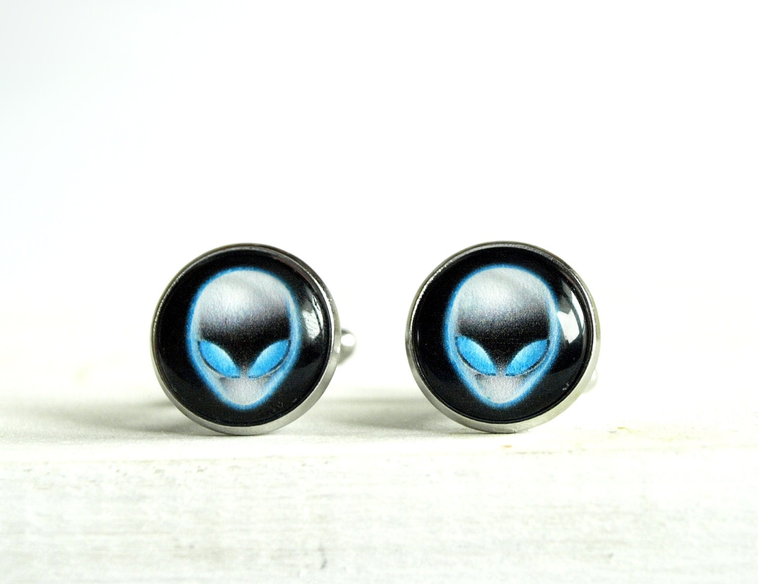 Men Cufflinks-glass cufflinks -Alien-Alien mens cufflinks - Birthday Gift - cuff links -Black blue cufflinks - Alien  Cuff links for him