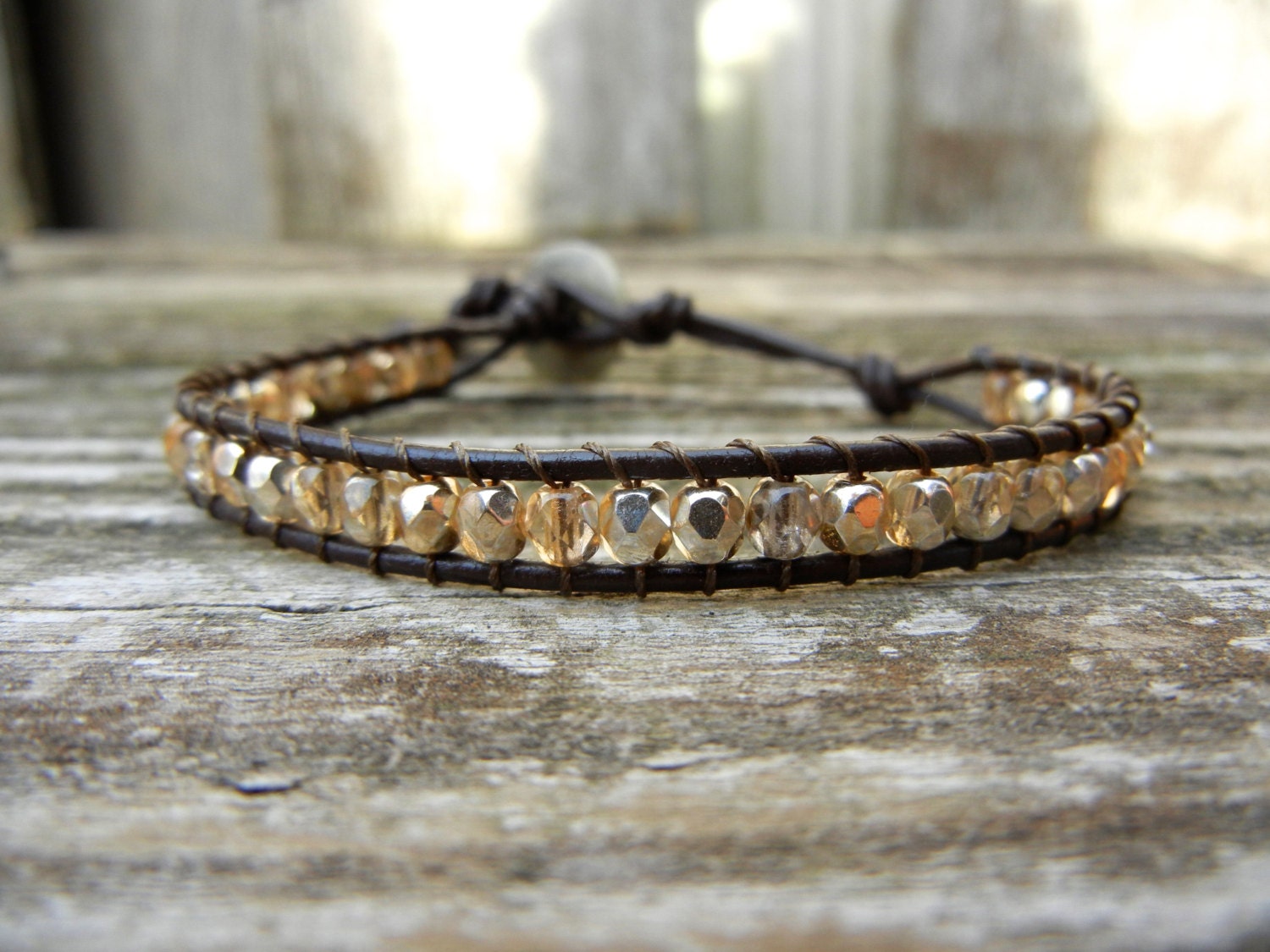 Beaded Leather Single Wrap Bracelet with Gold or Silver Polished Czech Glass Beads on Brown Leather