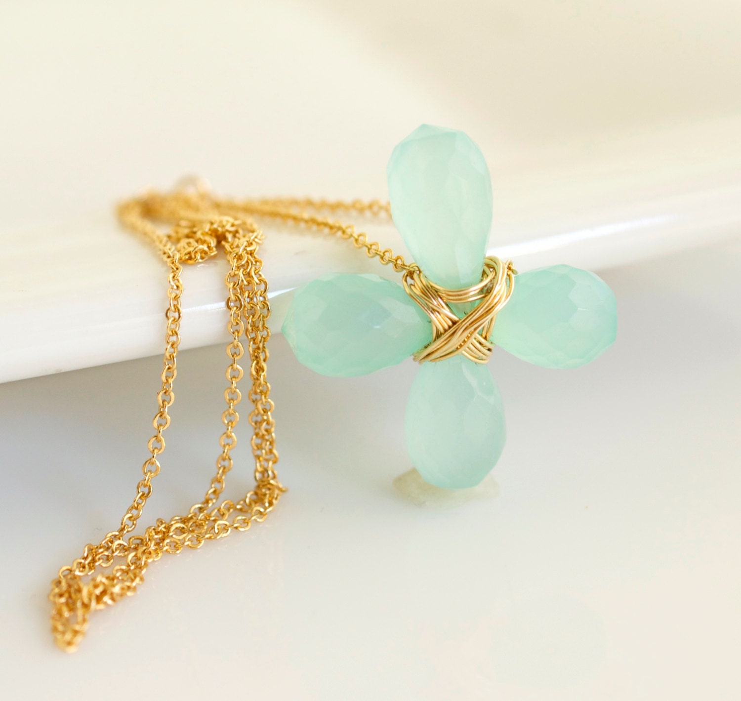 Green Chalcedony Necklace, Chalcedony Pendant Necklace, Green Necklace, Cross Necklace