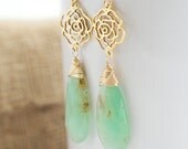 Chrysoprase Dangle Earrings,  Green and Gold Earrings, Gold Earrings, Long Earrings, Gemstone Earrings